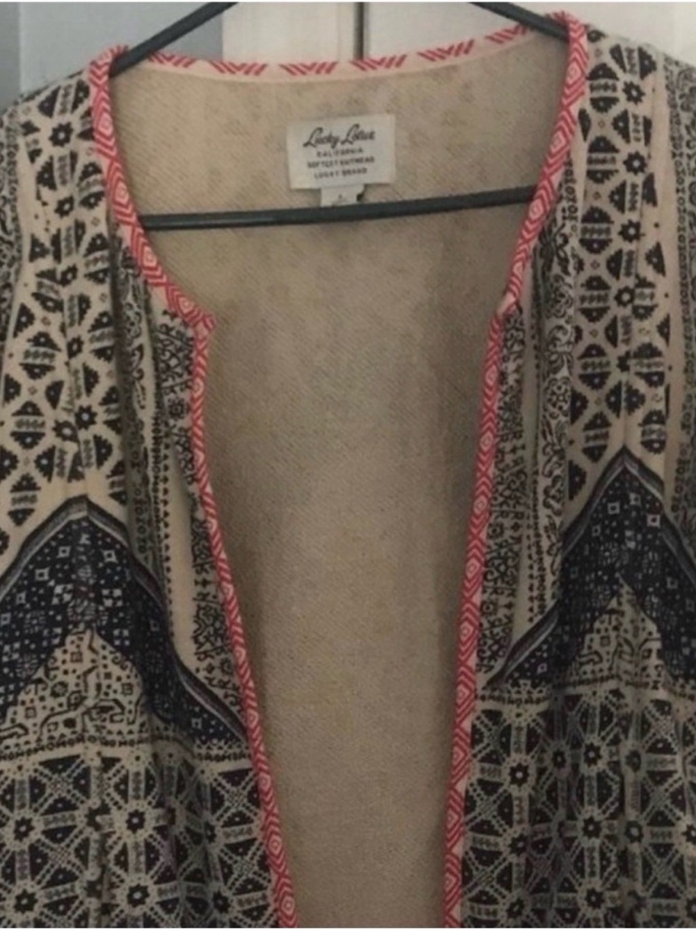 Lucky Brand Cream and Navy Geometric Open Front Cardigan with Coral Trim
